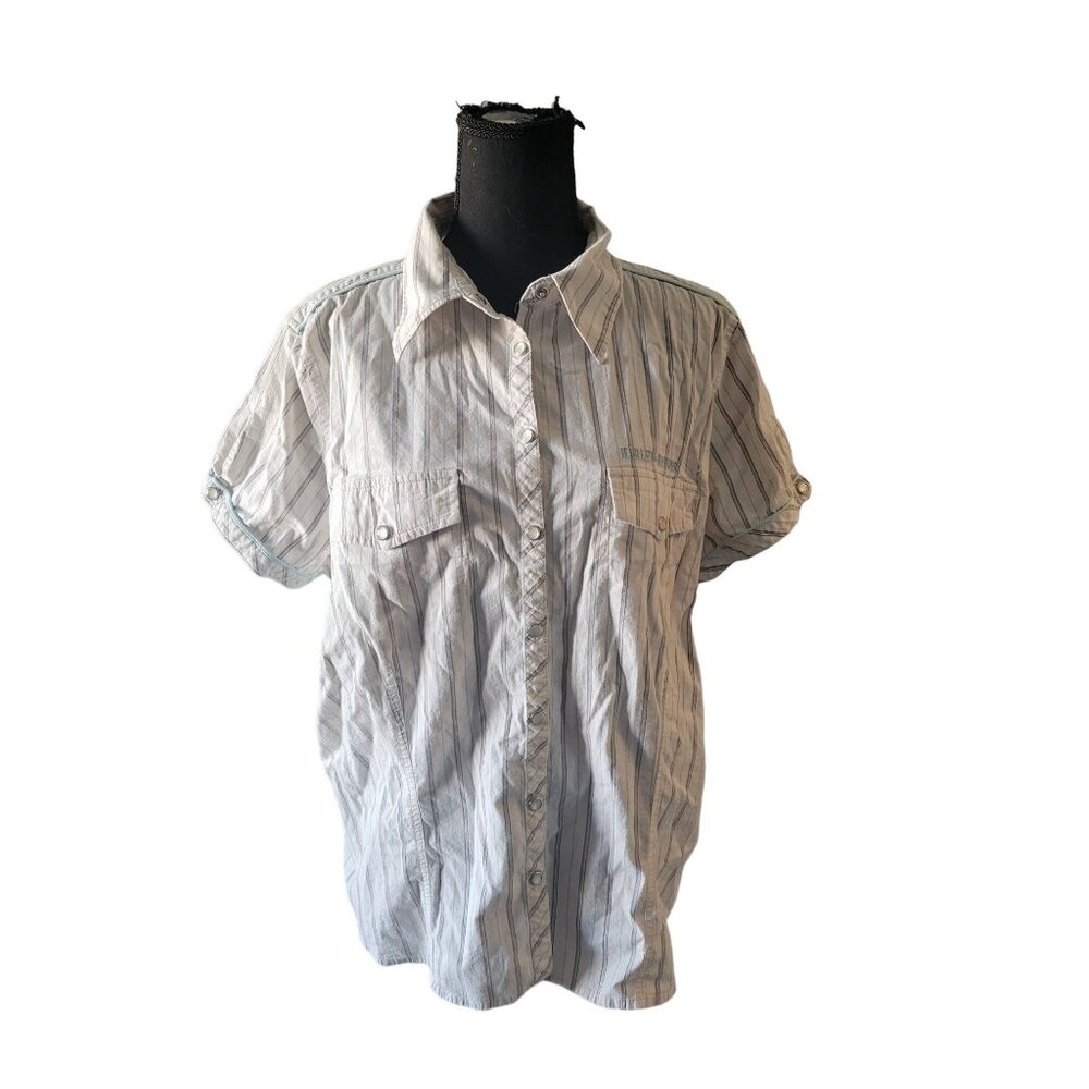 Harley-Davidson White Striped Short Sleeve Pearl Snap Button Down Top Size M - Picture 2 of 12